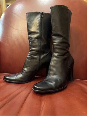 DKNY Black Leather Mid-Calf Heeled Boots